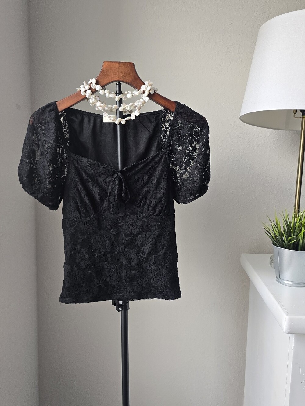 Frankee & Skylarr M Black Lace Top Puff Sleeve Tie Front Whimsigoth Date Night